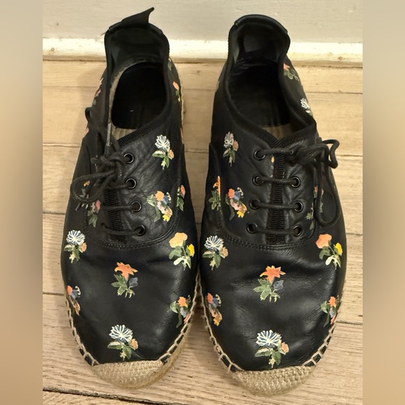 SAINT LAURENT Black Leather Floral Print Espadrille Platform Sneakers Size 8